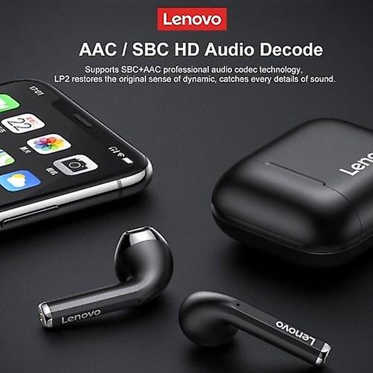 Lenovo - LP2 - Bluetooth oordopjes - Zwart - Afbeelding 2