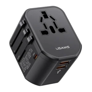 USAMS Wereldstekker 20W EU / UK / VS / AU 2x USB-C – USB-A PD Zwart