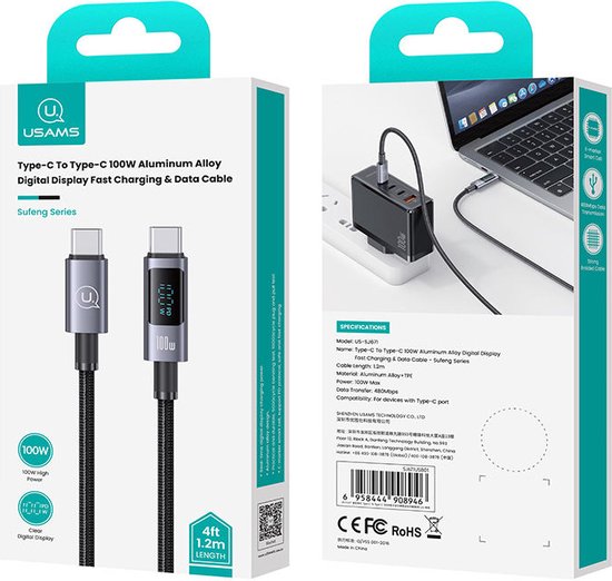 USAMS - USB kabel - Type-C naar Type-C - 100W - 1,2 m - Grijs - Afbeelding 3