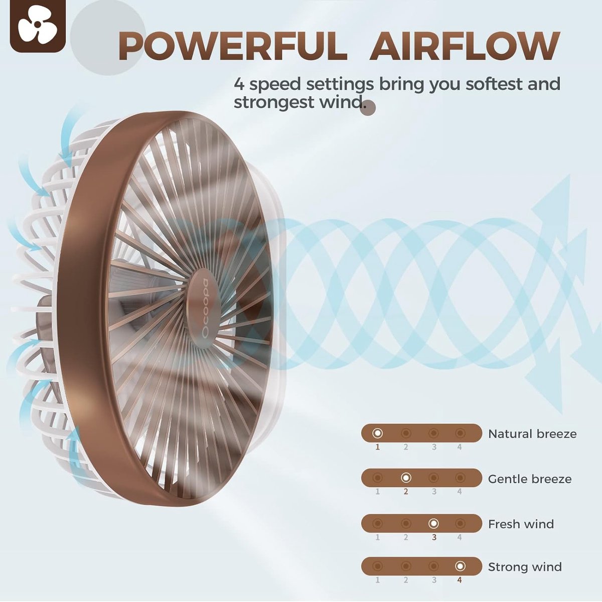 Ocoopa D77 - Mini USB ventilator- Bruin - Oplaadbaar - Afbeelding 8