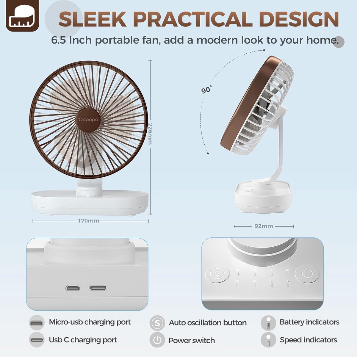 Ocoopa D77 - Mini USB ventilator- Bruin - Oplaadbaar - Afbeelding 3