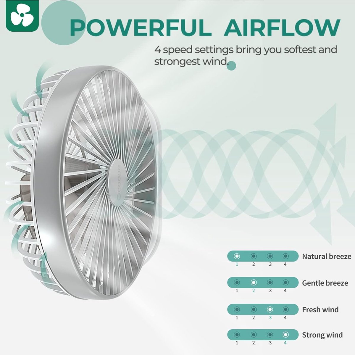 Ocoopa D77 - Mini USB ventilator- Zilver - Oplaadbaar - Afbeelding 6