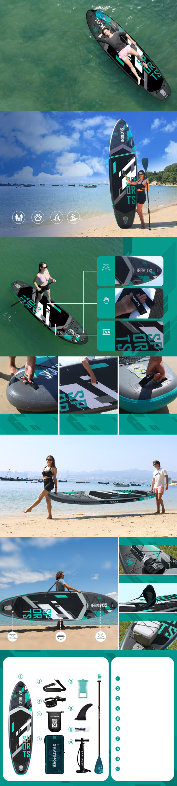 Skatinger Sports Grey 350x89x15 cm (11'6'') yoga SUP board - Afbeelding 8