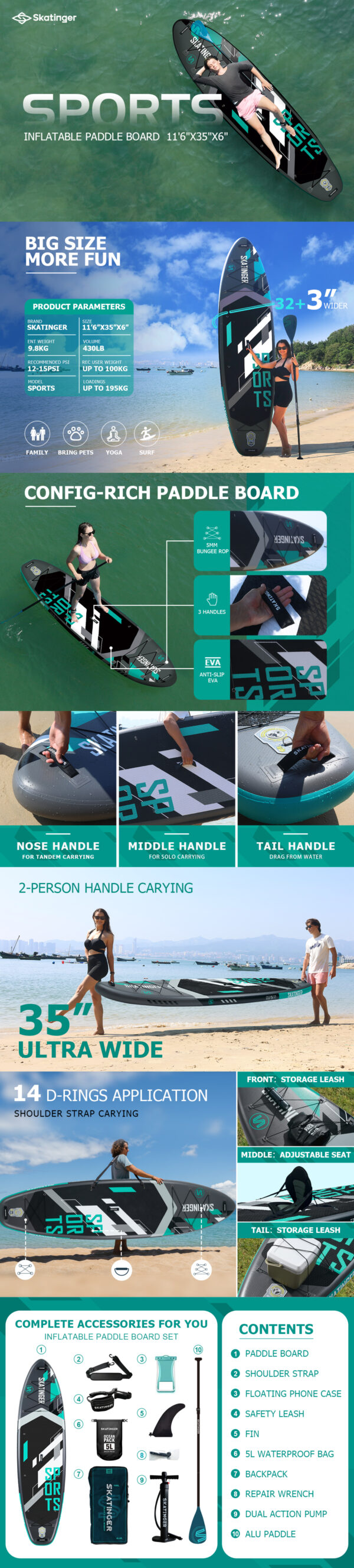 Skatinger Sports Grey 350x89x15 cm (11'6'') yoga SUP board - Afbeelding 7