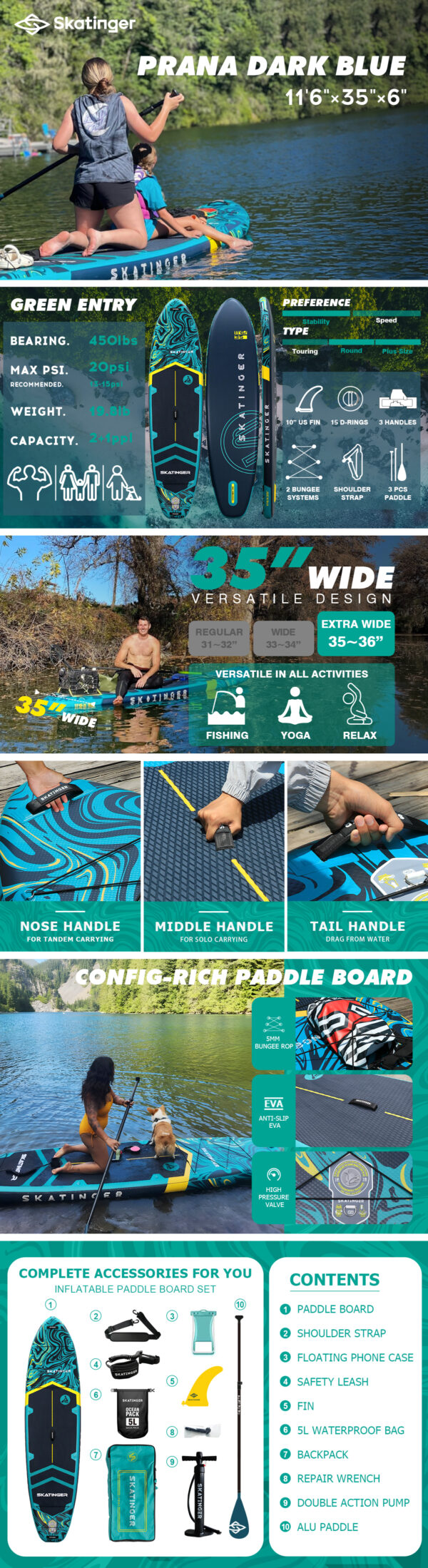 Skatinger Prana Magma Green 350x89x15 cm (11'6'') yoga SUP board - Afbeelding 7