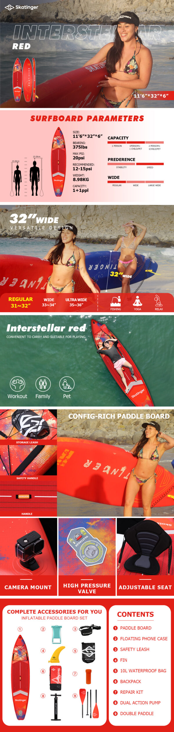 Skatinger Interstellar Red 350x81x15 cm (11') touring SUP board - Afbeelding 6