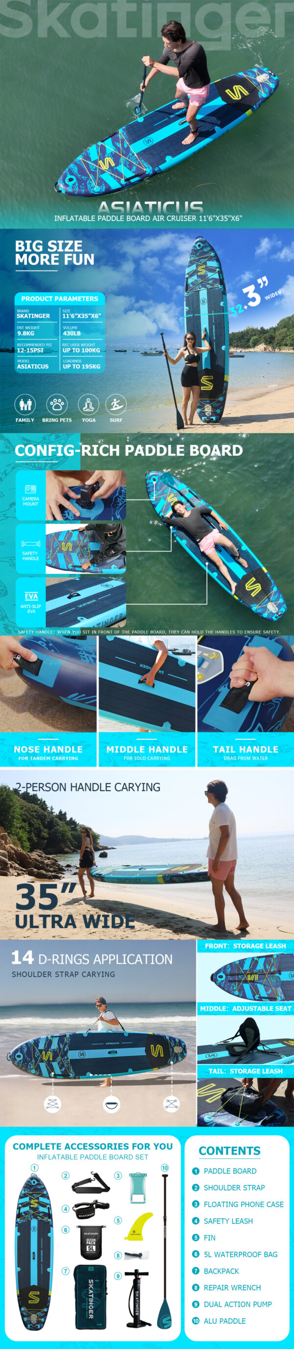 Skatinger Asiaticus 350x89x15 cm (11'6'') yoga SUP board - Afbeelding 9