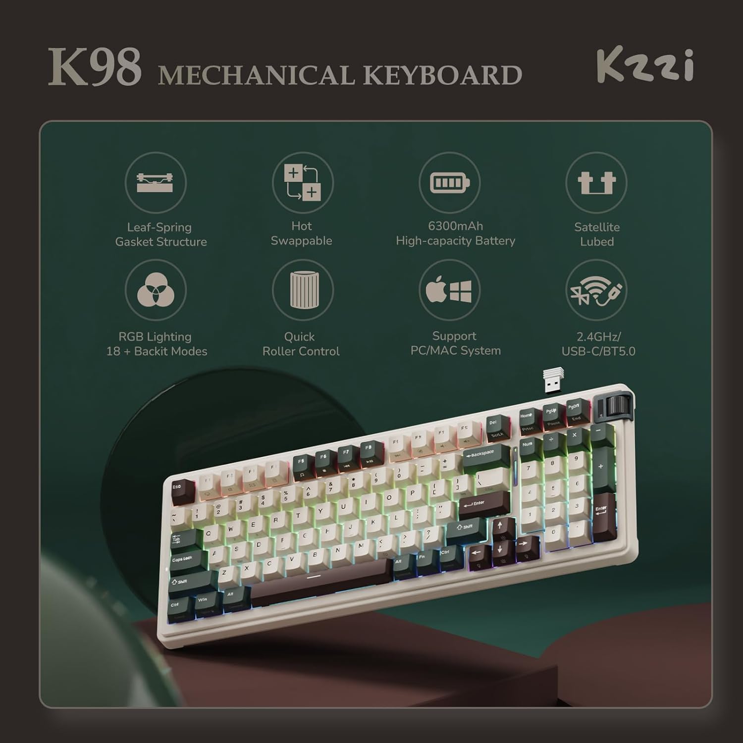 KZZI K98 - Toetsenbord - Oasis Green - Rainbow Switch - Afbeelding 8