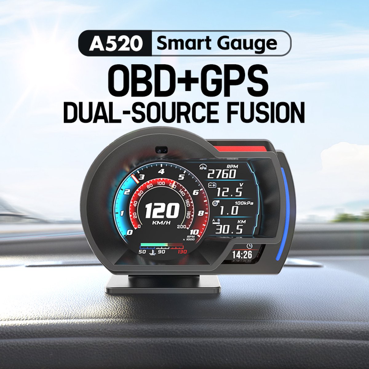 WiiYii A520 - HUD - OBD+GPS - digitale 3,5 inch TFT 800x480