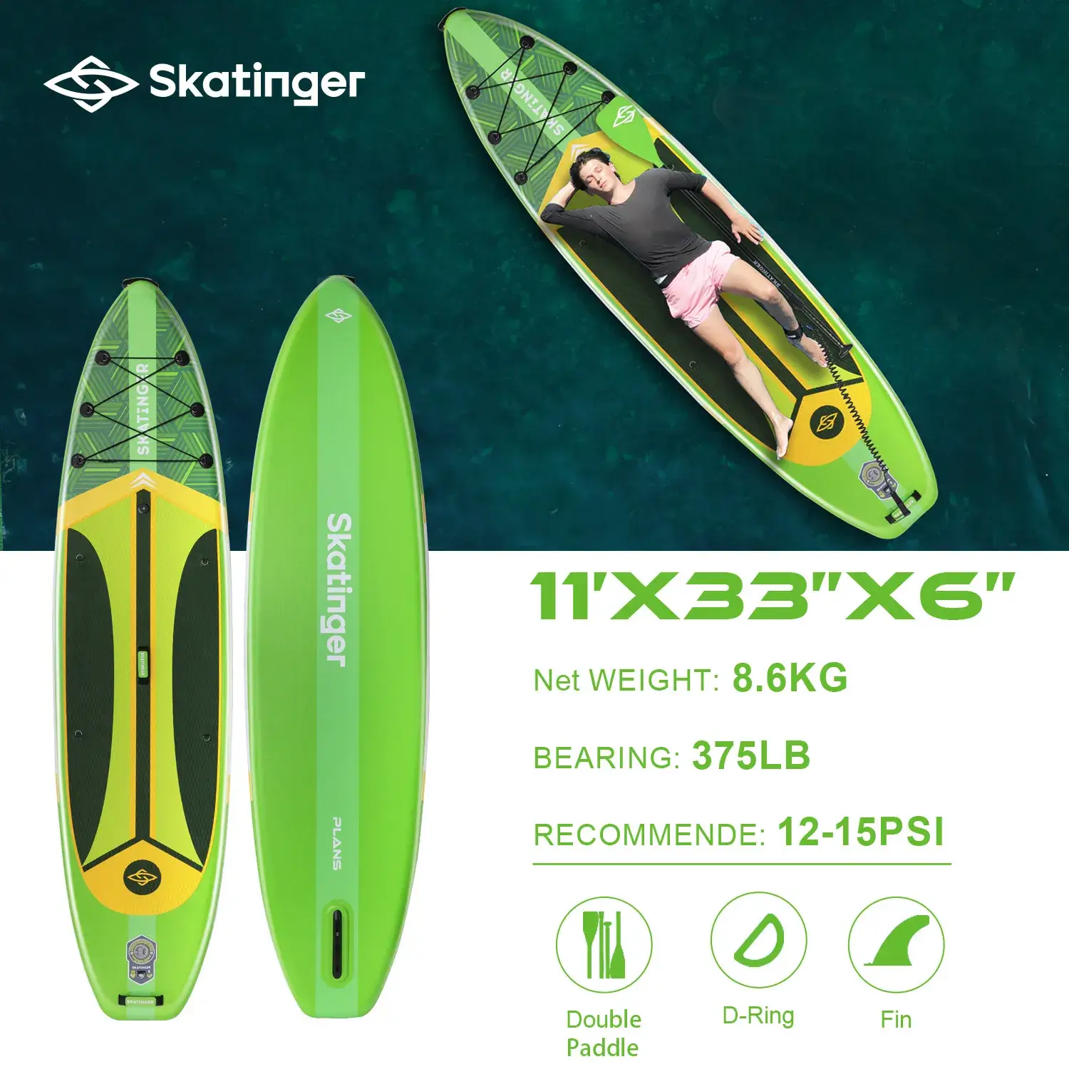 Skatinger PLANS green 11'x33"x6" (Allround) SUP Board - Afbeelding 6