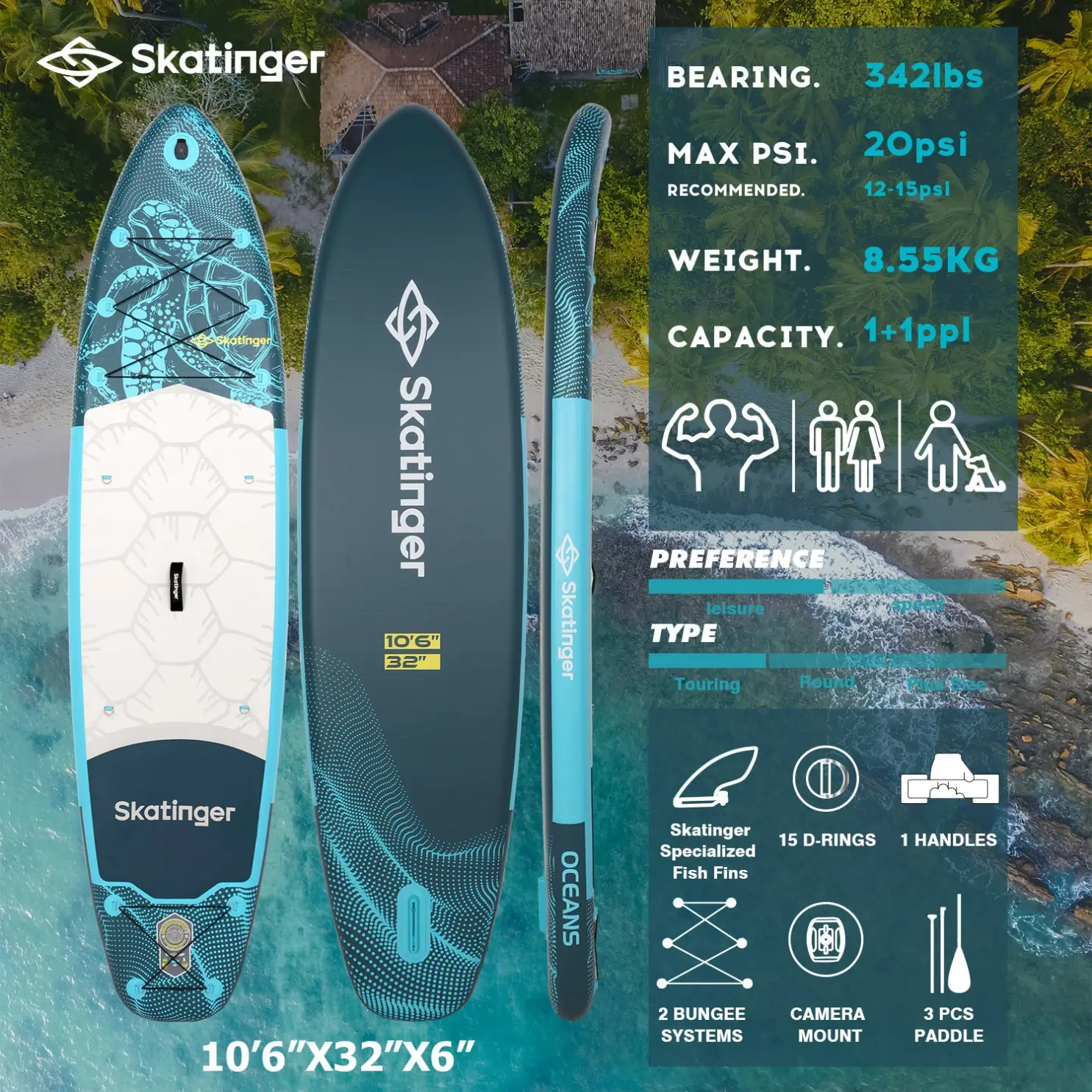 Skatinger Turtle Ocean 320x81x15 (Allround) SUP Board - Afbeelding 6