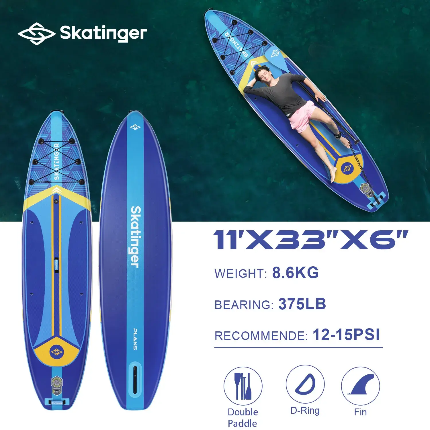 Skatinger PLANS blue 11'x33"x6" (Allround) SUP Board - Afbeelding 6
