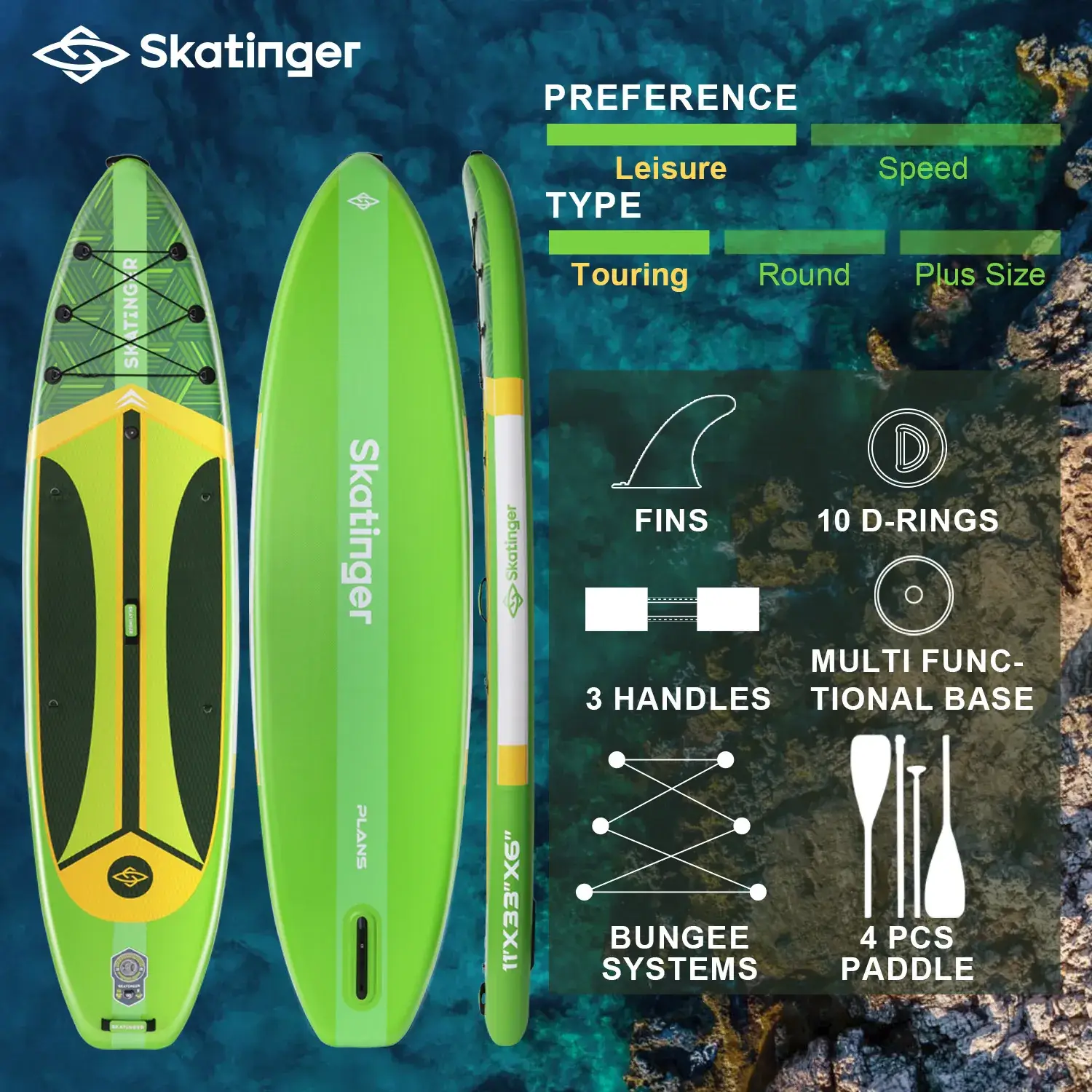 Skatinger PLANS green 11'x33"x6" (Allround) SUP Board - Afbeelding 4