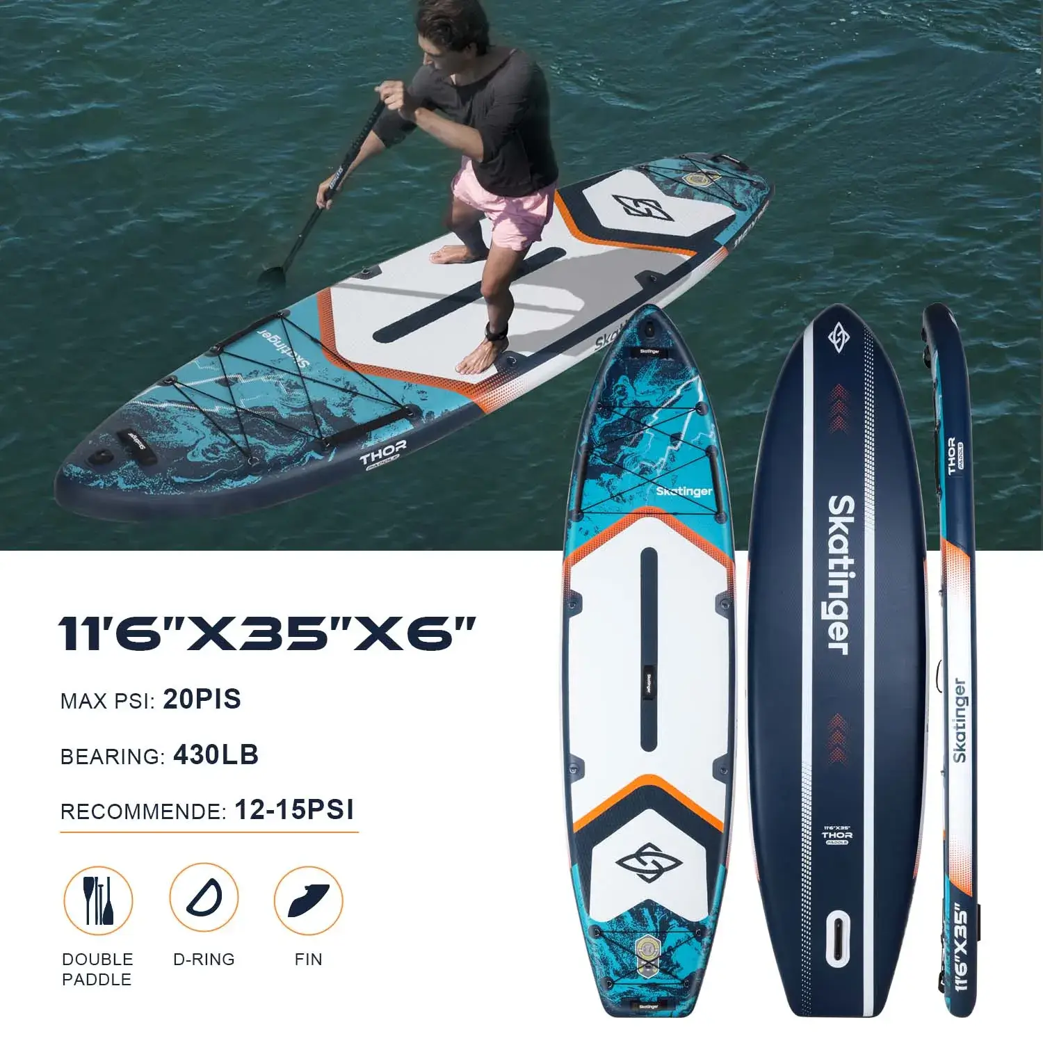 Skatinger Thor Blue 11'6"*35"*6" (Allround) SUP Board - Afbeelding 8