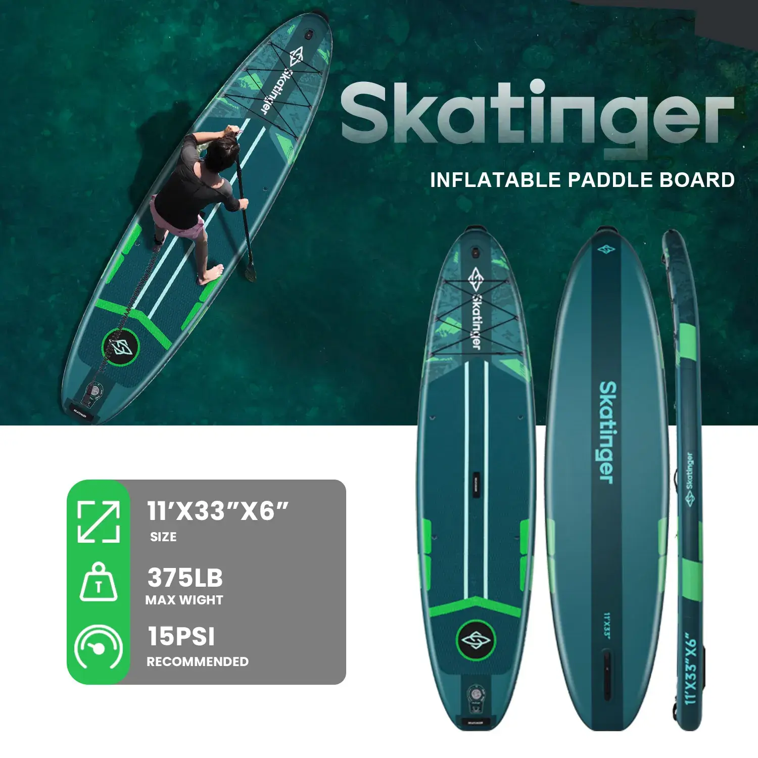 Skatinger Ice Age Green 11'x33"x6" (Allround) SUP Board - Afbeelding 6