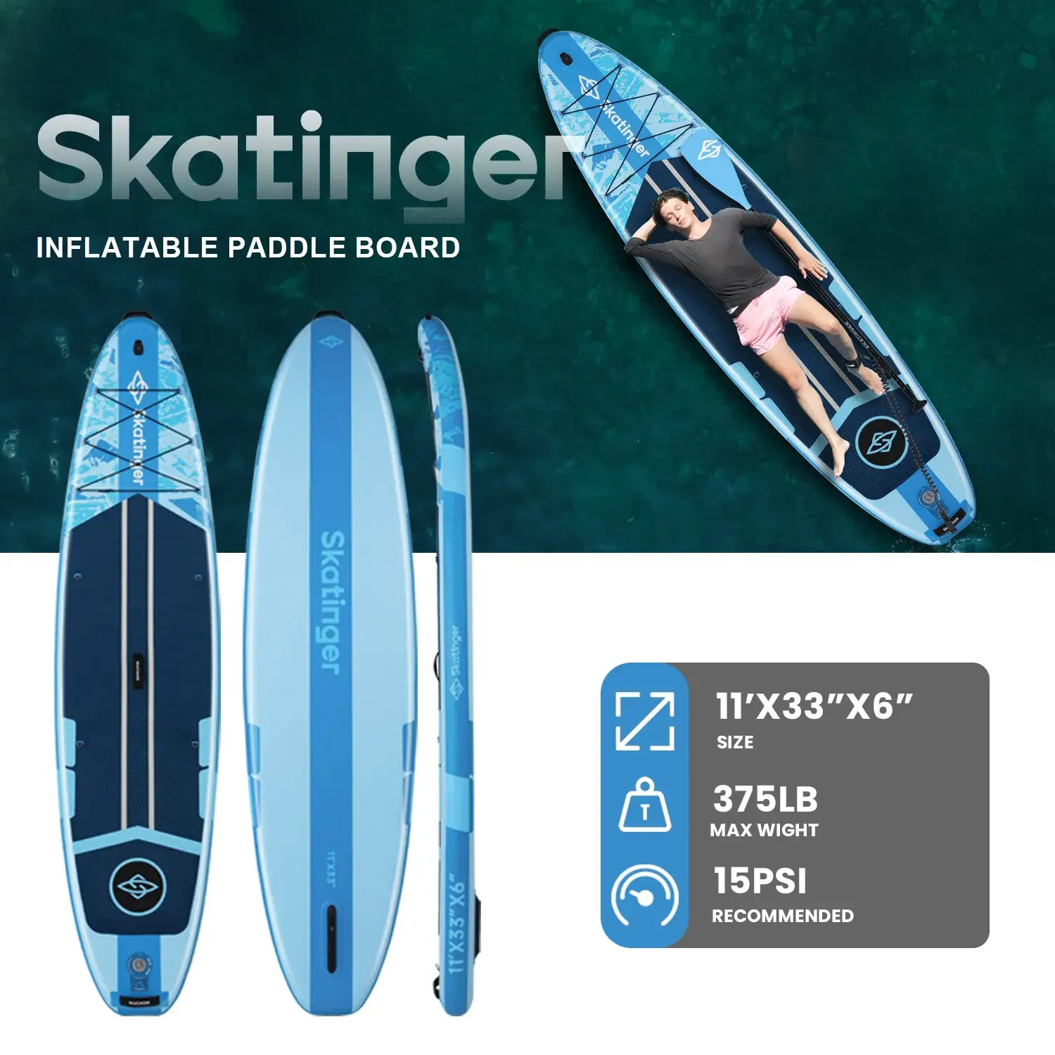 Skatinger Ice Age Blue 11'x33"x6" (Allround) SUP Board - Afbeelding 6