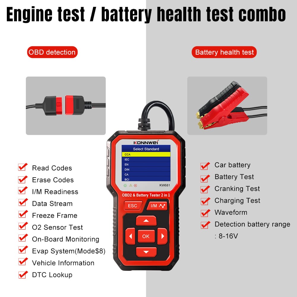 Konnwei kw681 2 in 1 obd2 scanner en accutester 6v12v 1