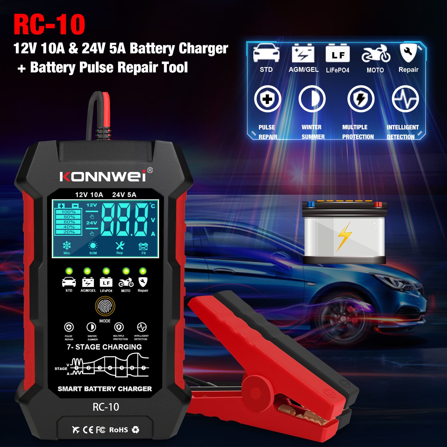 Konnwei rc 10 automatische acculader 12v 10a 24v 5a reparatiemodus