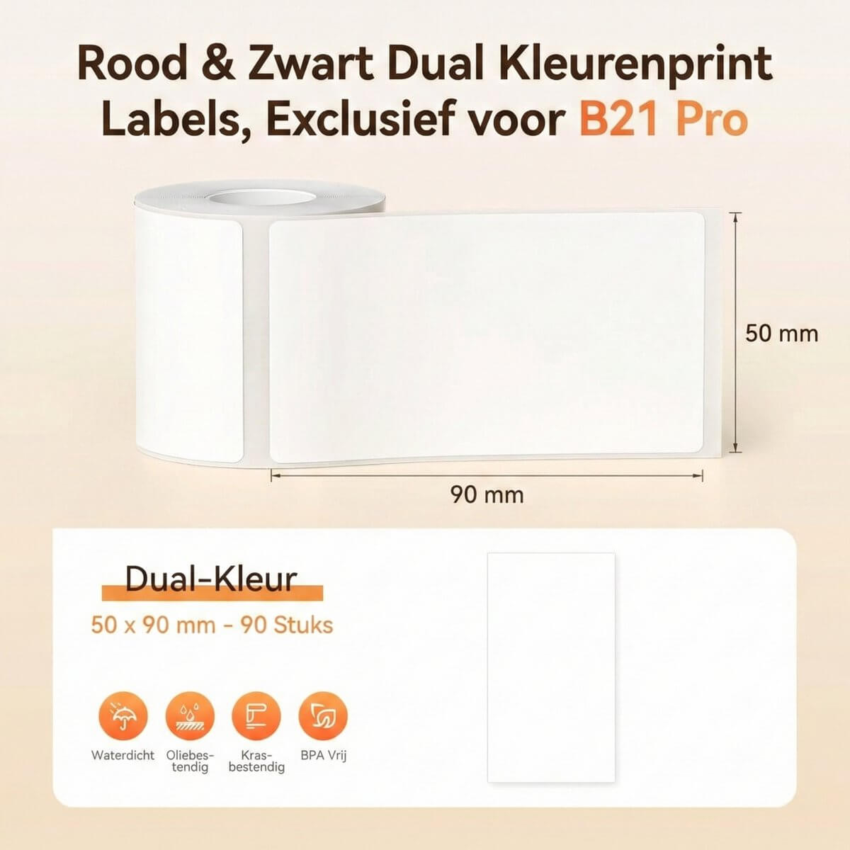 Niimbot labelprinterrol voor B21 Pro 300DPI - 50x90mm - 1 Rol met 90 Labels - Wit