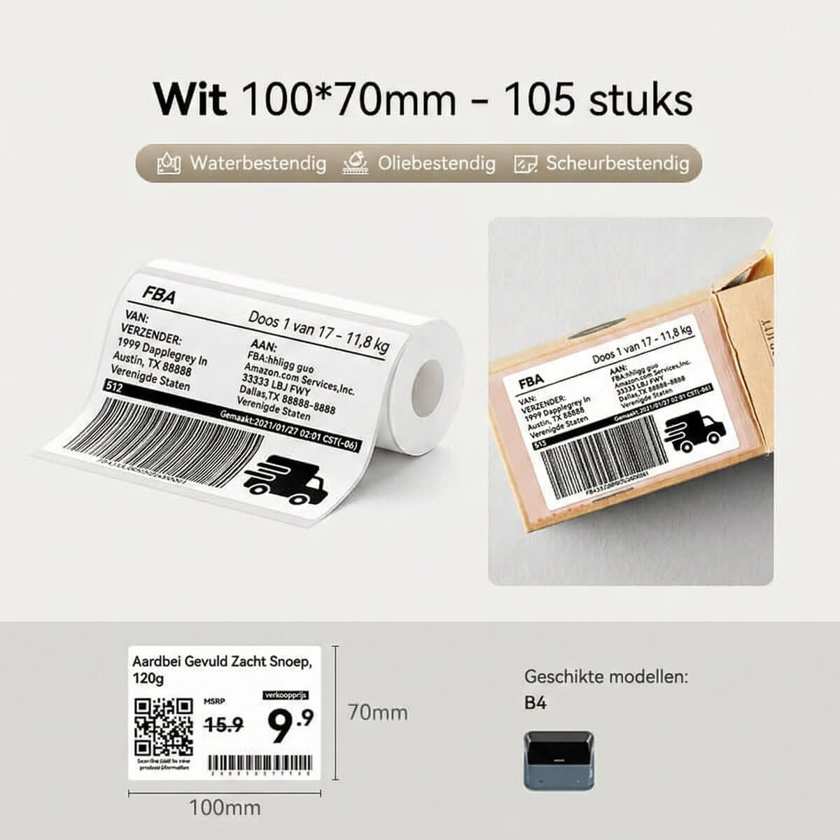 Niimbot Labels - Etiketten voor B4 - 100x70mm - 105 vellen - Wit