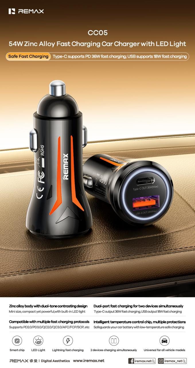 Remax cc05 autolader 54w zinklegering usb a usb c ledverlichting tarnish 2