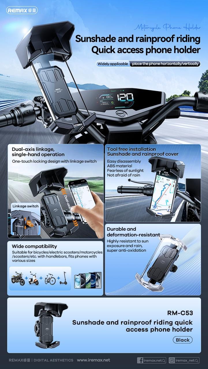 Remax rm c53 telefoonhouder fiets zonnescherm regenbestendig zwart 2