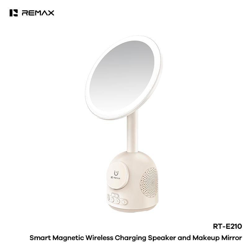 Remax rt e210 make upspiegel met verlichting bluetooth speaker draadloos laden wit 1