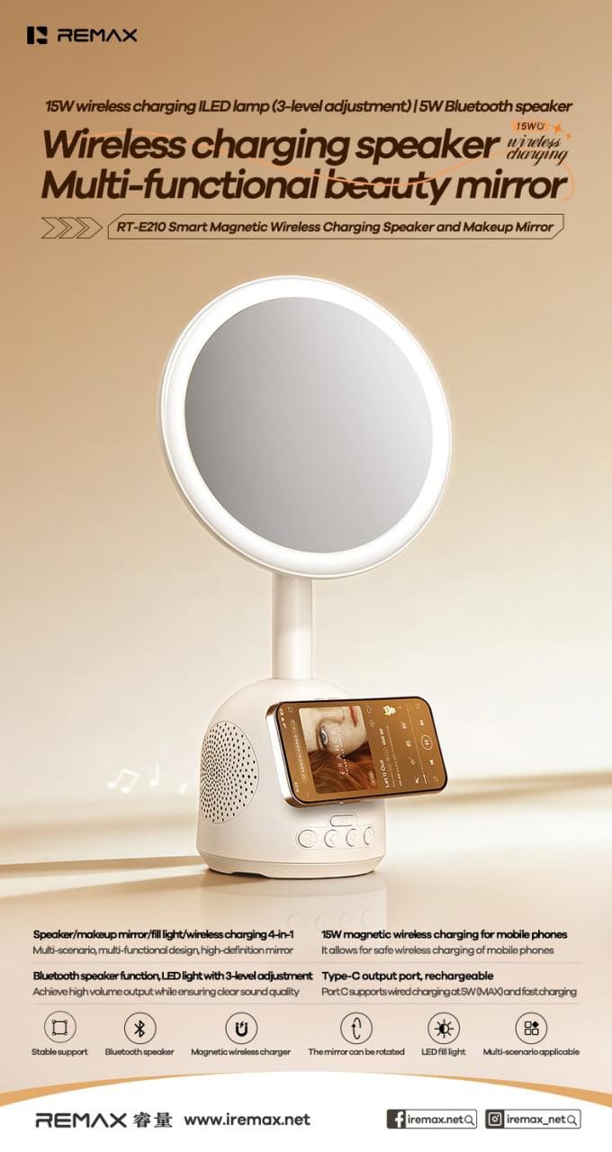 Remax rt e210 make upspiegel met verlichting bluetooth speaker draadloos laden wit 2
