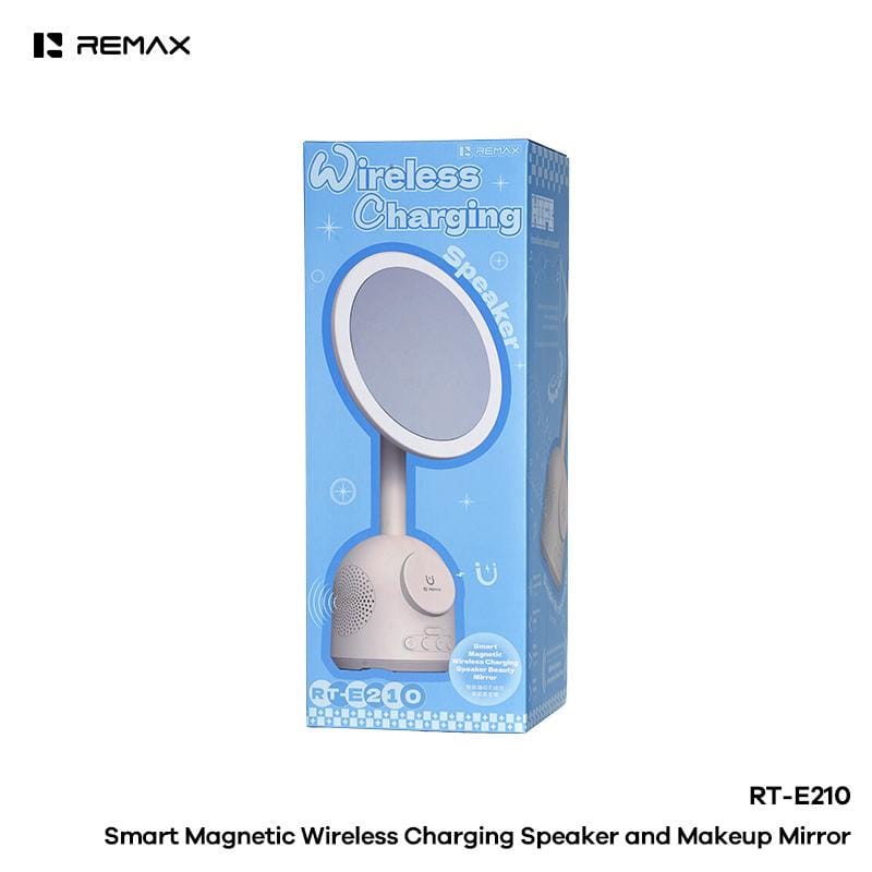 Remax rt e210 make upspiegel met verlichting bluetooth speaker draadloos laden wit