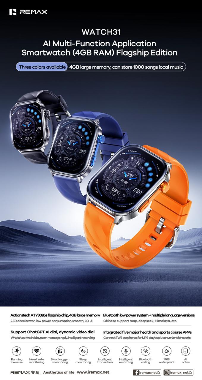 Remax watch31 smartwatch ai 4gb ip68 bellen via bluetooth tarnish 2