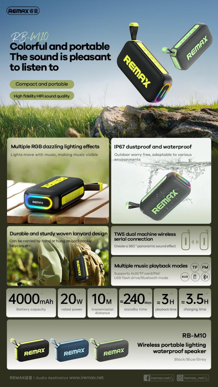 Remax RB M10 Lighting Bluetooth speaker 20W IP67 waterdicht RGB verlichting Blauw