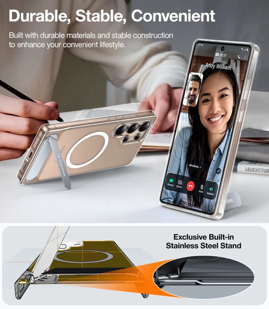 Torras Pstand MagSafe hoesje geschikt voor Samsung Galaxy S25 Ultra - Transparant